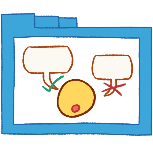 A hollow blue folder with thin lines, containing an emoji yellow head speaking two speech bubbles. One of them has a green checkmark over the speech bubble tail while the other has a red X instead.